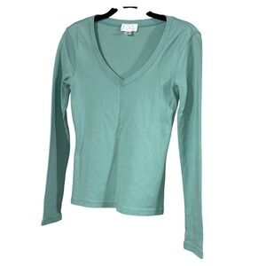 Loft Ann Taylor‎ Sz XS 100% Cotton Thin Knit V Neck Long Sleeve Green PreOwned